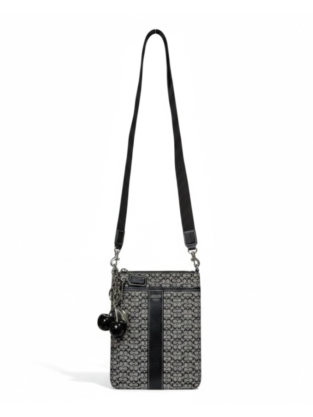 Women's Coach Signature Crossbody Bag with Tag & Cherry Charm Black Grey
